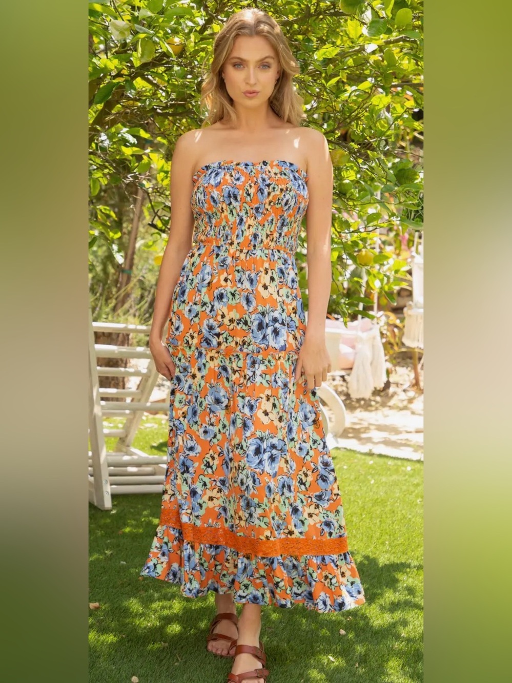 Floral Strapless Maxi Dress in Orange and Blue
